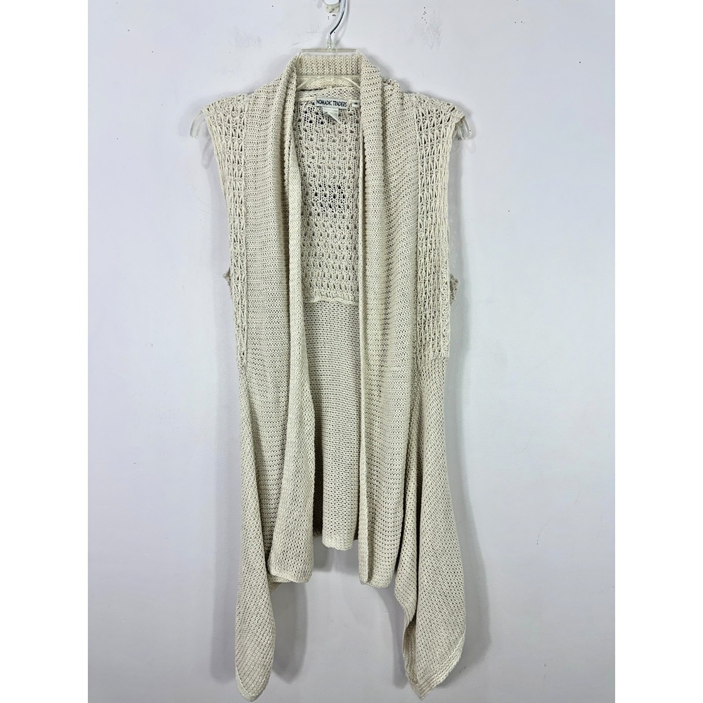 Nomadic Traders Cardigan Vest Womens M Cream Cotton Knit Boho Open Front Drape